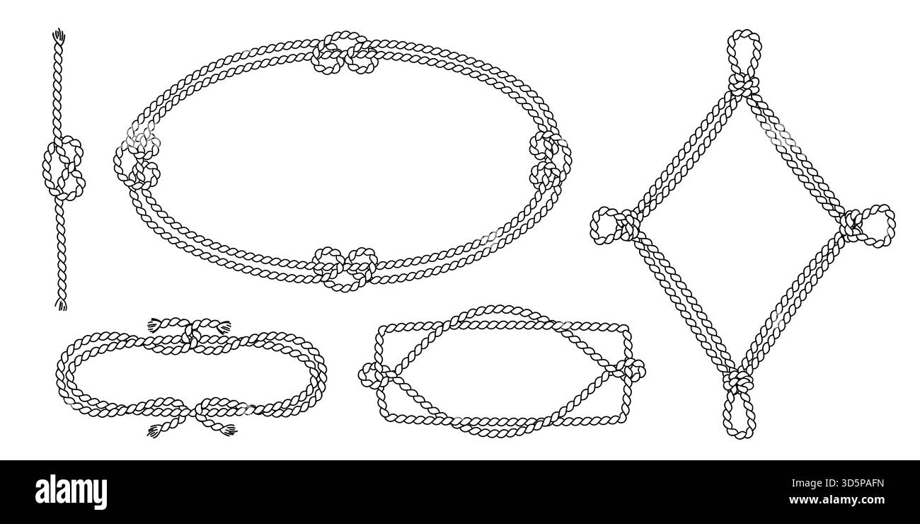 Seefahrtsseilrahmen und Vintage-Sailor-Knoten-Kollektion. Vektor-Meeresgrenzen mit geflochtenen Mustern und maritimen dekorativen Elementen. Klassisches Marinedesign mit ovalen, rautenförmigen und rechteckigen Formen. Stock Vektor