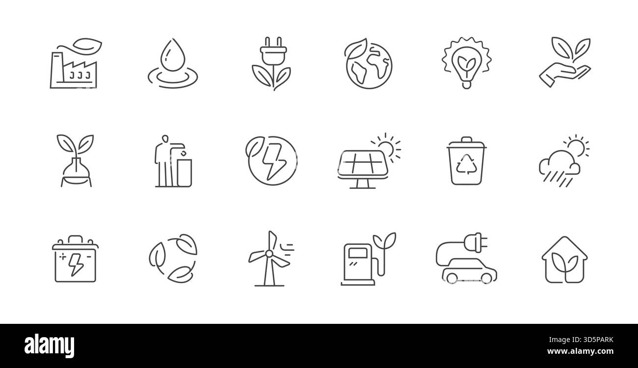 Umweltfreundliches Konzept. Symbolgruppe für Ökologie und Umgebungslinie. Symbole für grüne Energie, Recycling und Erhaltung Stock Vektor