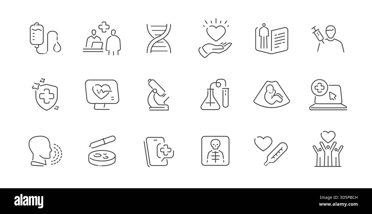 Symbolsatz Gesundheit und Medizin. Krankenhauskonzept. Behandlung, Gesundheitswesen, klinische Zeichen und Symbole Stock Vektor