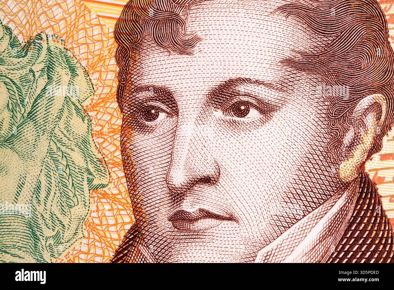 Manuel Belgrano ein Nahaufnahme-Porträt aus argentinischem Geld - Pesos Stockfoto
