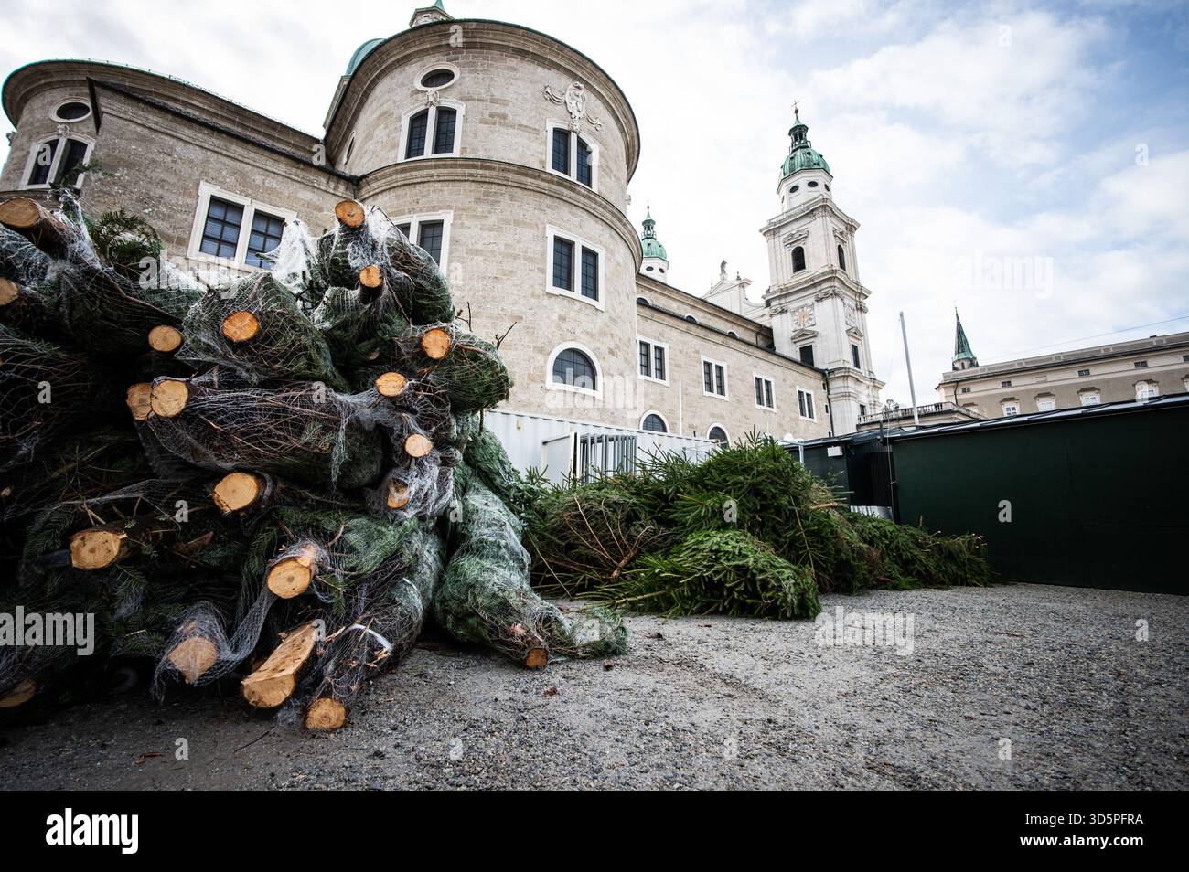 Aufbauarbeiten und Aufbau des Salzburger Christkindlmarktes am Residenzplatz und Domplatz am 11.11.2025. Im Bild: Christbäume // Bauarbeiten und Aufbau des Salzburger Weihnachtsmarktes am Residenzplatz und Domplatz am 11. November 2025. - 20251111_PD20459 Stockfoto