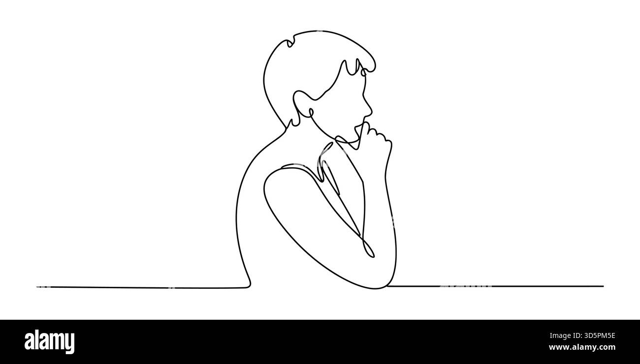 Kontinuierliche Linienzeichnung eines nachdenklichen Menschen tief in Gedanken und Nachdenken Stock Vektor