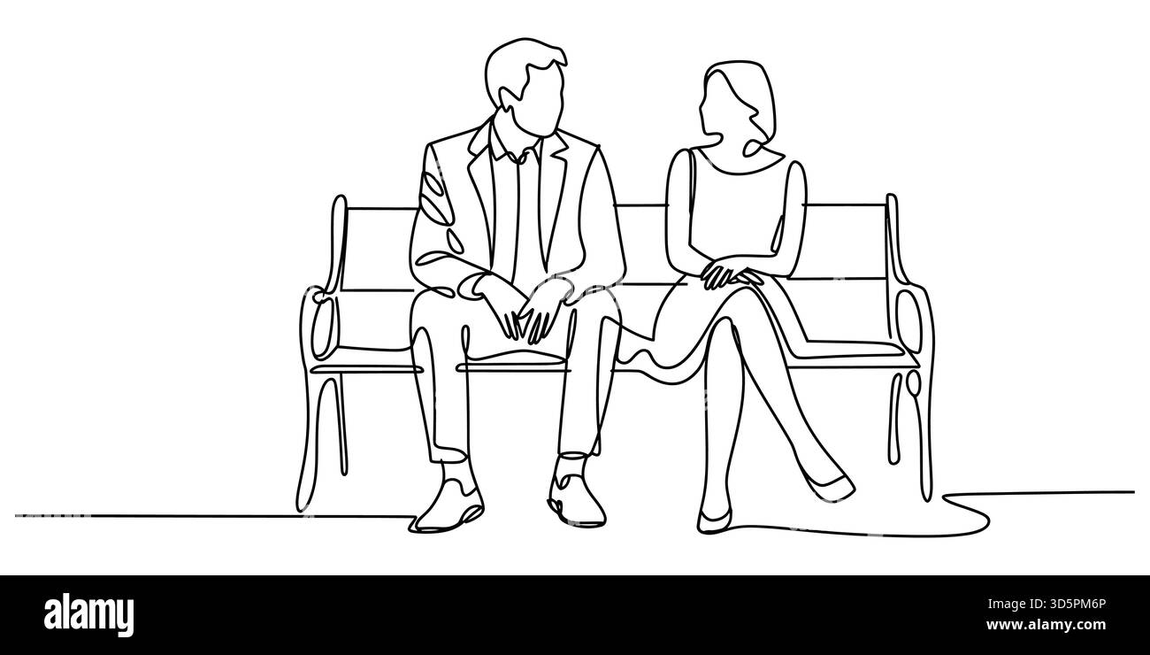 Fortlaufende Linienzeichnung eines Mannes und einer Frau auf einer Bank, die miteinander reden Stock Vektor