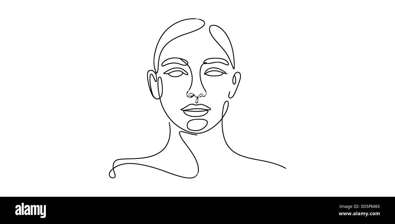 Durchgehende einzeilige Kunstzeichnung von Gesicht und Schultern einer Frau, minimalistischer Stil Stock Vektor