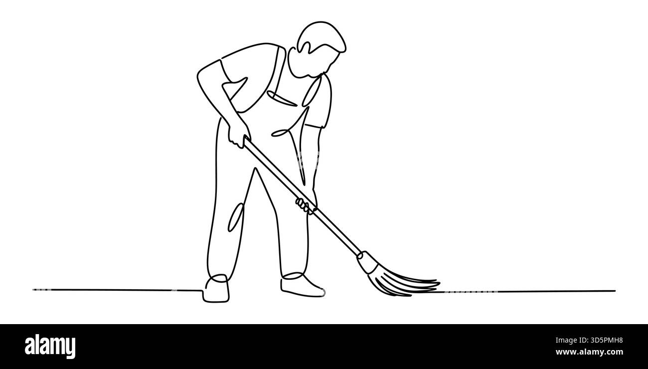 Fortlaufende Linienzeichnung eines Reinigungsmittels, der den Boden mit einem langen Besen fegt Stock Vektor
