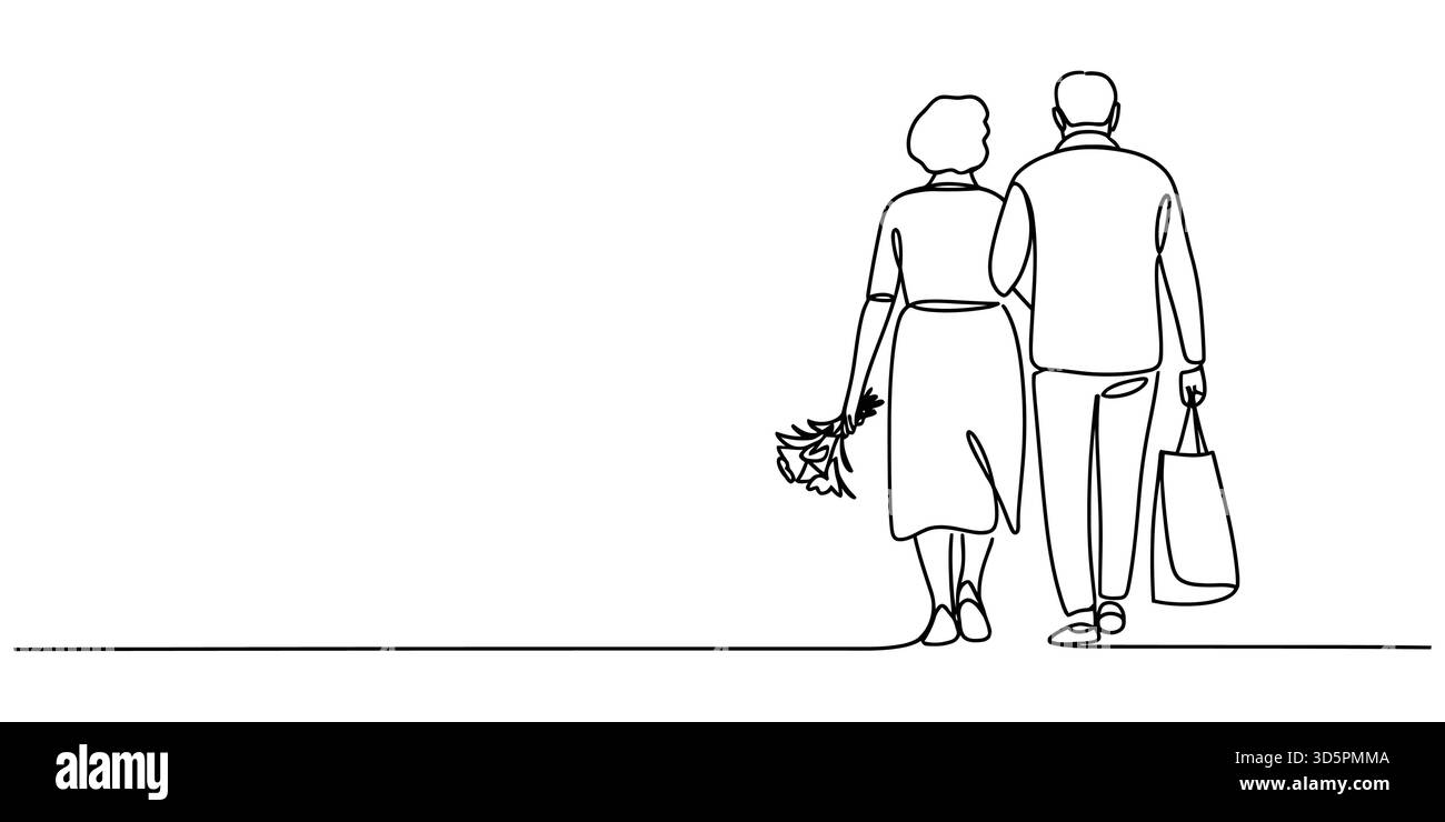Durchgehende Linienzeichnung älterer Paare, die gehen, Blumen und Einkaufstasche halten Stock Vektor