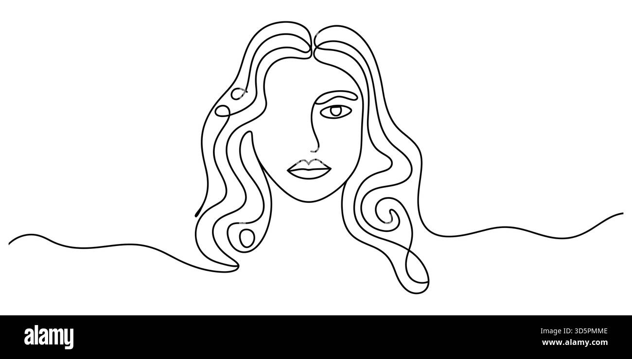 Elegante, durchgehende Linienzeichnung eines Frauengesichts mit langen, welligen Haaren Stock Vektor