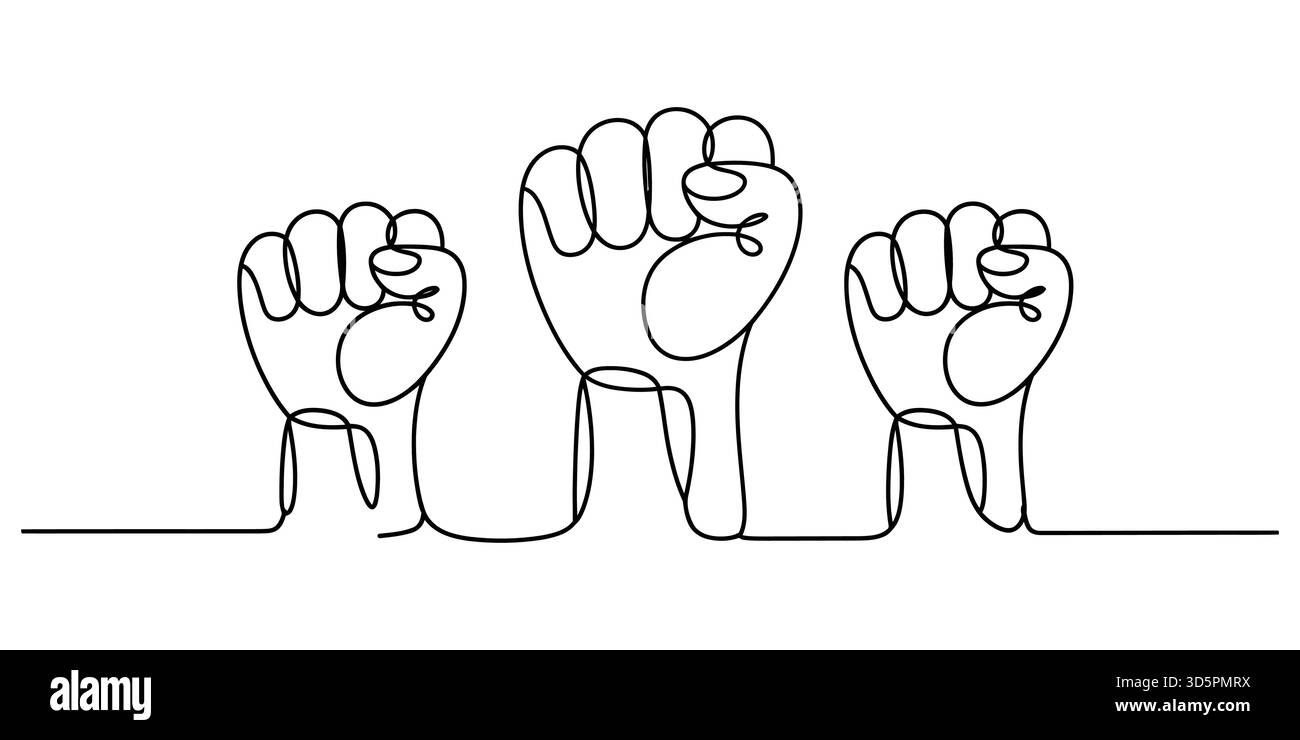 Durchgehende Strichkunst drei erhabene Fäuste symbolisieren Einheit, Stärke und Macht Stock Vektor