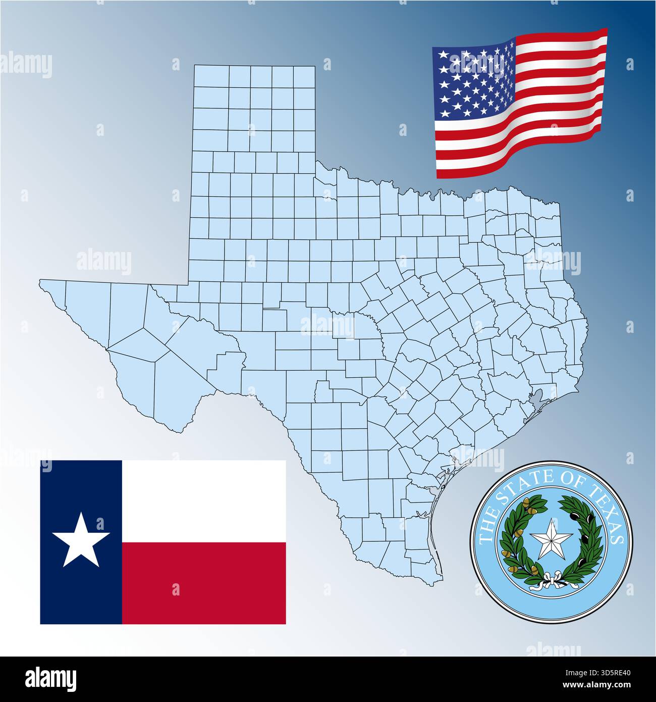 Texas US Bundesstaat schwenkt Flagge, Siegel und Karte, Vereinigte Staaten, Vektor-Illustration Stock Vektor