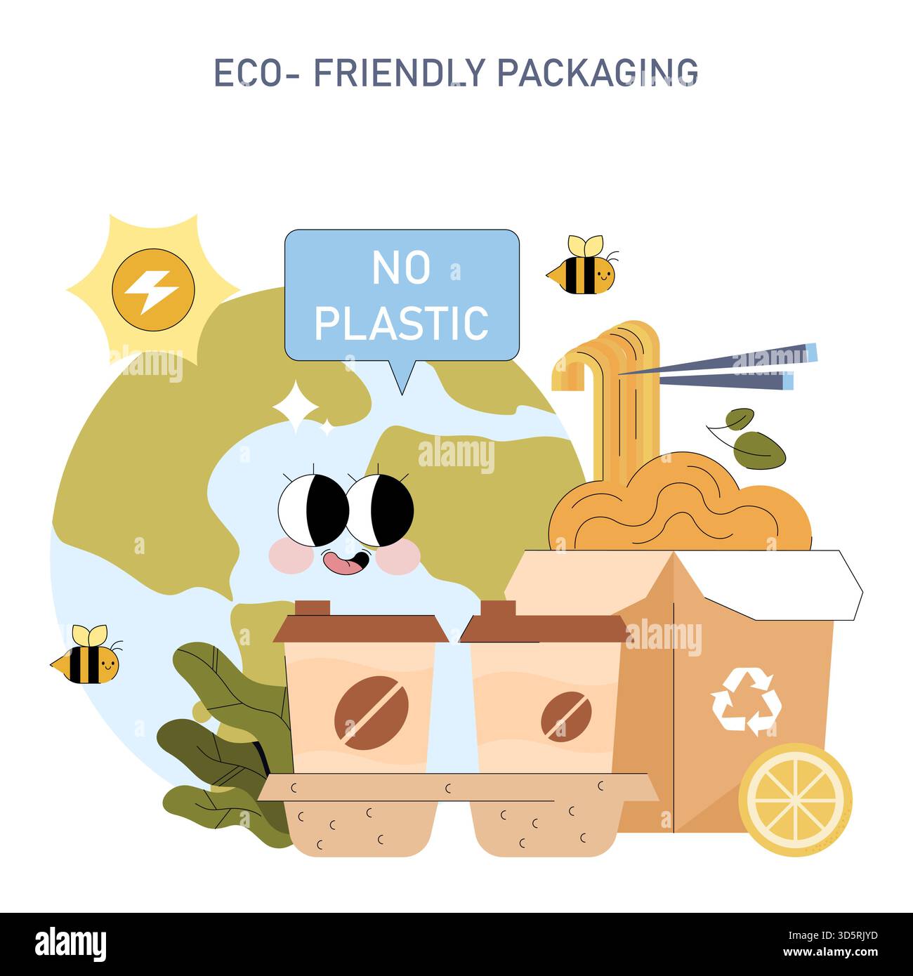 Bunte Vektorillustration, die umweltfreundliche Verpackungen fördert. Merkmale Happy Earth empfiehlt, dass keine Kunststoffverwendung mit recycelbaren Behältern und Pflanzen verwendet wird. Betont Nachhaltigkeit und Umweltschutz. Stock Vektor