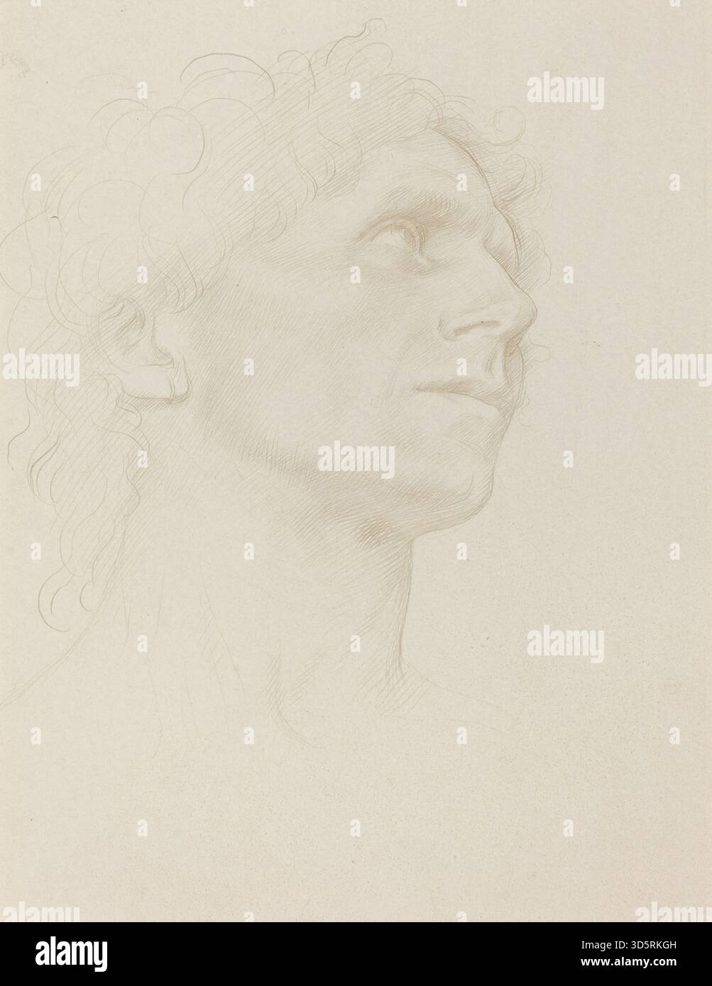 Eine Studie von Alphonse Legros zeigt den Kopf einer Frau nach rechts gedreht. Die Zeichnung erfasst Profilmerkmale, Haardetails und subtile Ausdrucksformen und veranschaulicht die präzise Zeichnbarkeit des Künstlers und das Studium der menschlichen Anatomie. Stockfoto