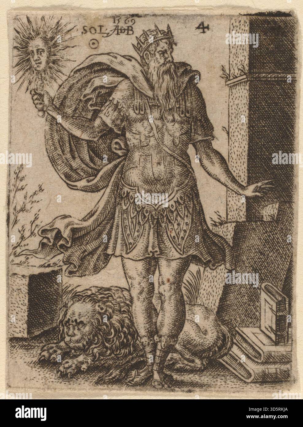 Dieser Gravur von Abraham de Bruyn aus dem Jahr 1569 stellt die Sonne als Himmelskörper dar, der oft personifiziert ist und Licht, Leben und Energie in klassischen Darstellungen symbolisiert. Stockfoto