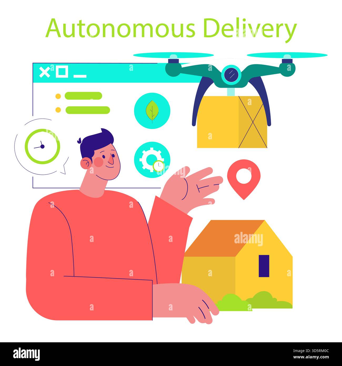 Vektordarstellung einer autonomen Trägerdrohne mit einem Paket. Eine Person interagiert mit einer digitalen Schnittstelle, die die Lieferverfolgung und Logistik anzeigt. Betont Innovation und Effizienz. Stock Vektor