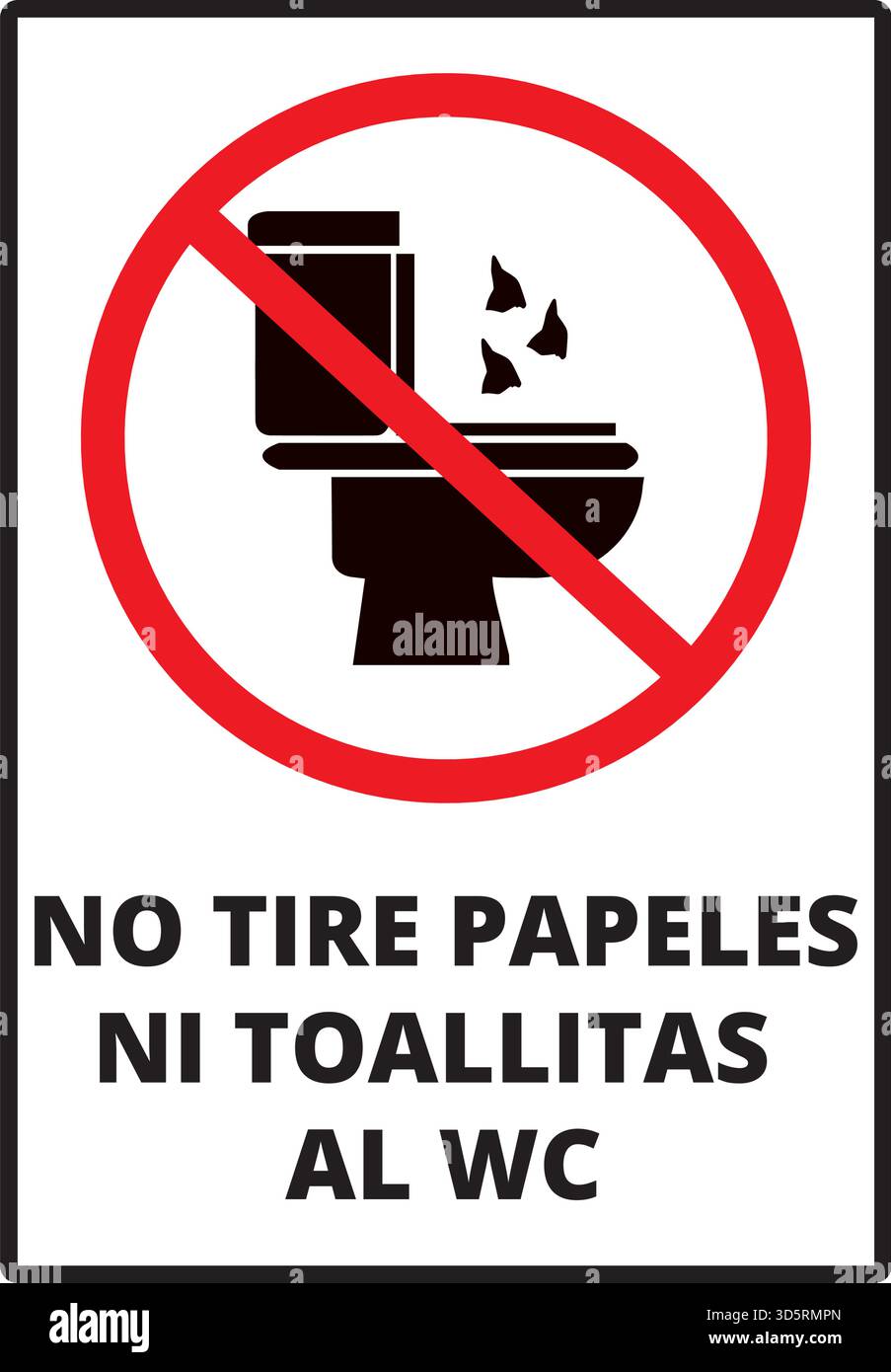 Kein Reifenpapeles ni toallitas al wc-Schild (tragen Sie bitte keine Papiertücher in die Toilette werfen) Stock Vektor