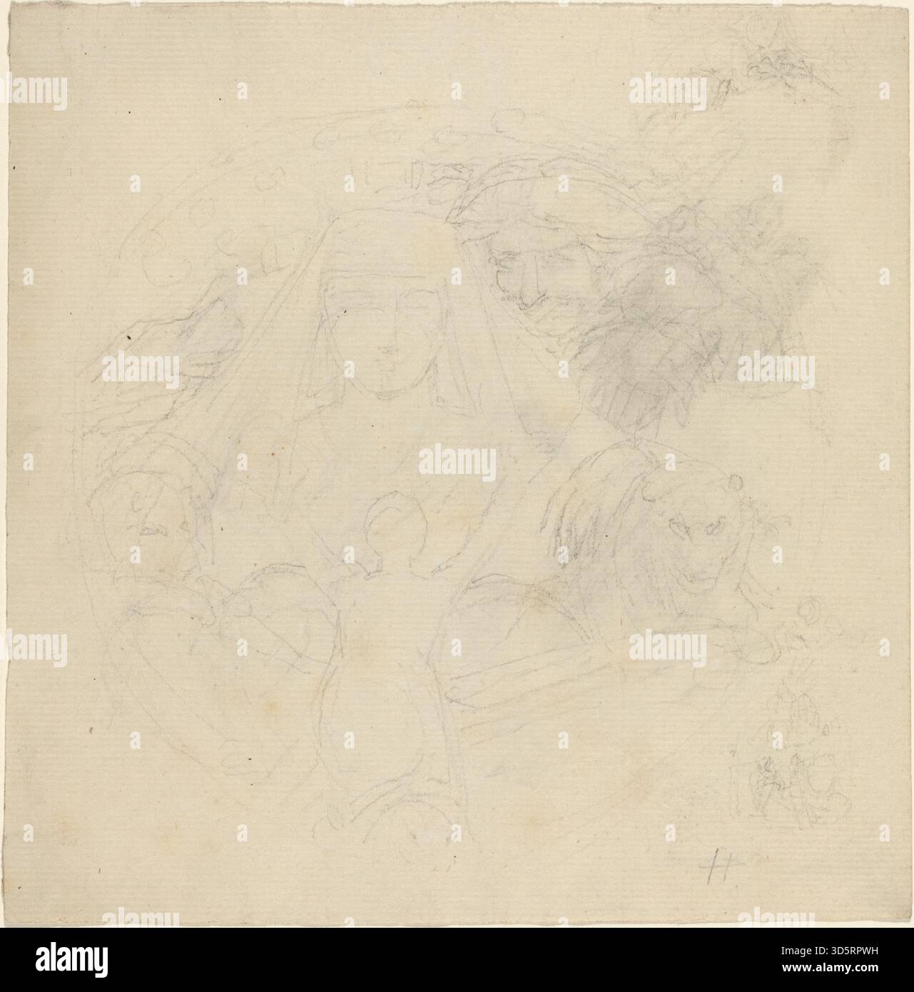 Eine Zeichnung von John Flaxman, die eine Figur zeigt, die von hinten gesehen wird, betet zu einer Erscheinung eines Kopfes mit Löwen darunter, die religiöse Symbolik, Geste und Komposition betont. Stockfoto