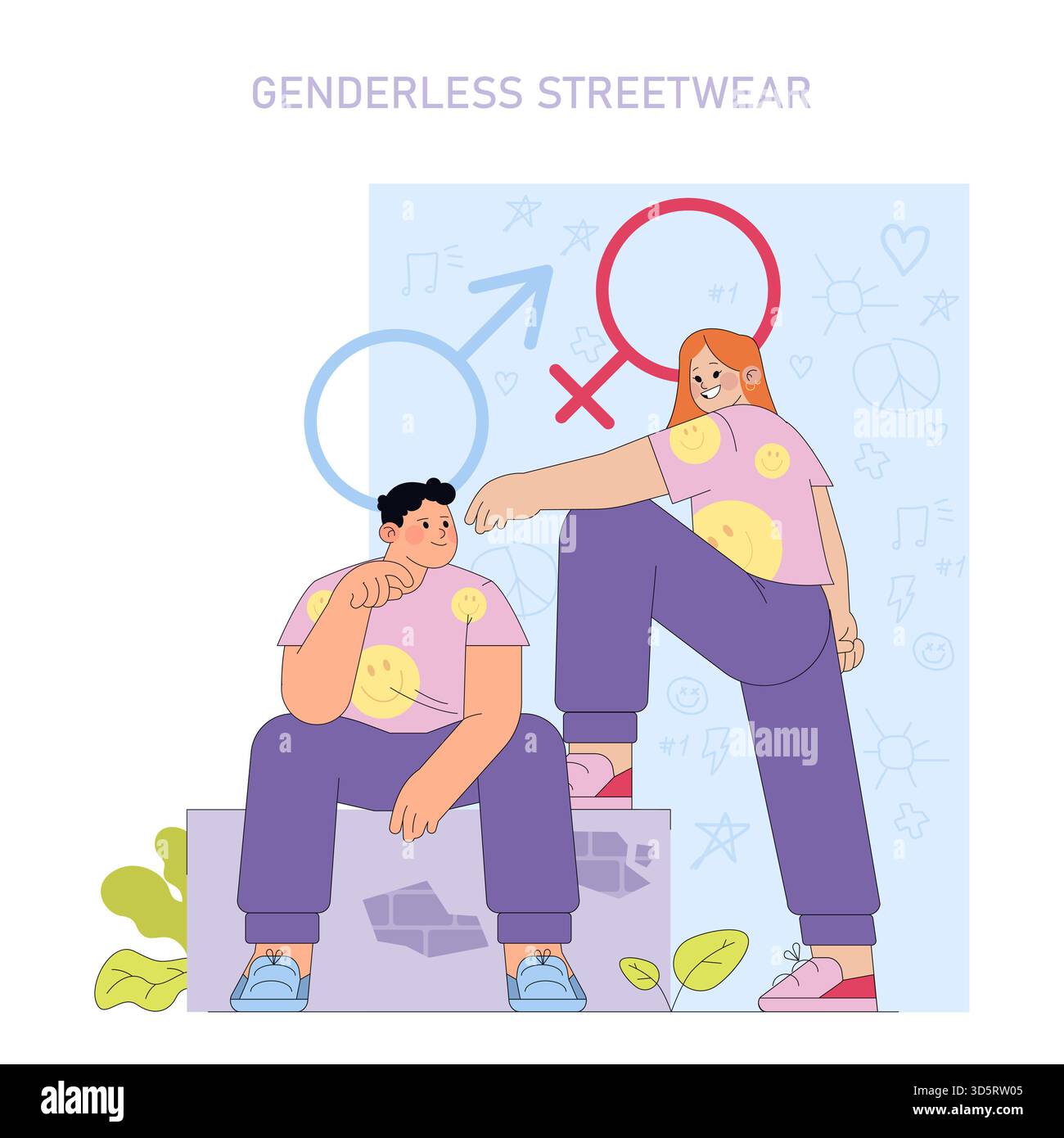 Geschlechtslose Streetwear Mode Vektor-Illustration mit zwei Personen in entspannten Posen, die passende Hemden mit Smiley-Gesichtern tragen. Fördert Inklusivität und nicht-binäre Stilkonzepte. Stock Vektor