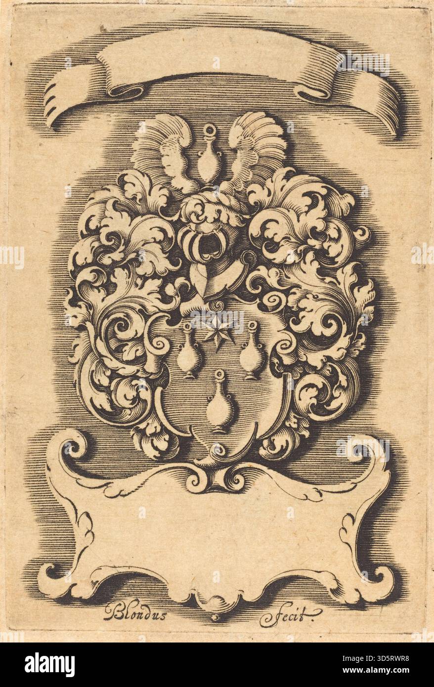 Das Wappen von Michel Le Blon zeigt ein Schild mit symbolischen Motiven und ornamentalen Details. Das Design repräsentiert die familiäre oder institutionelle Identität und folgt traditionellen europäischen Heraldik-Konventionen. Stockfoto