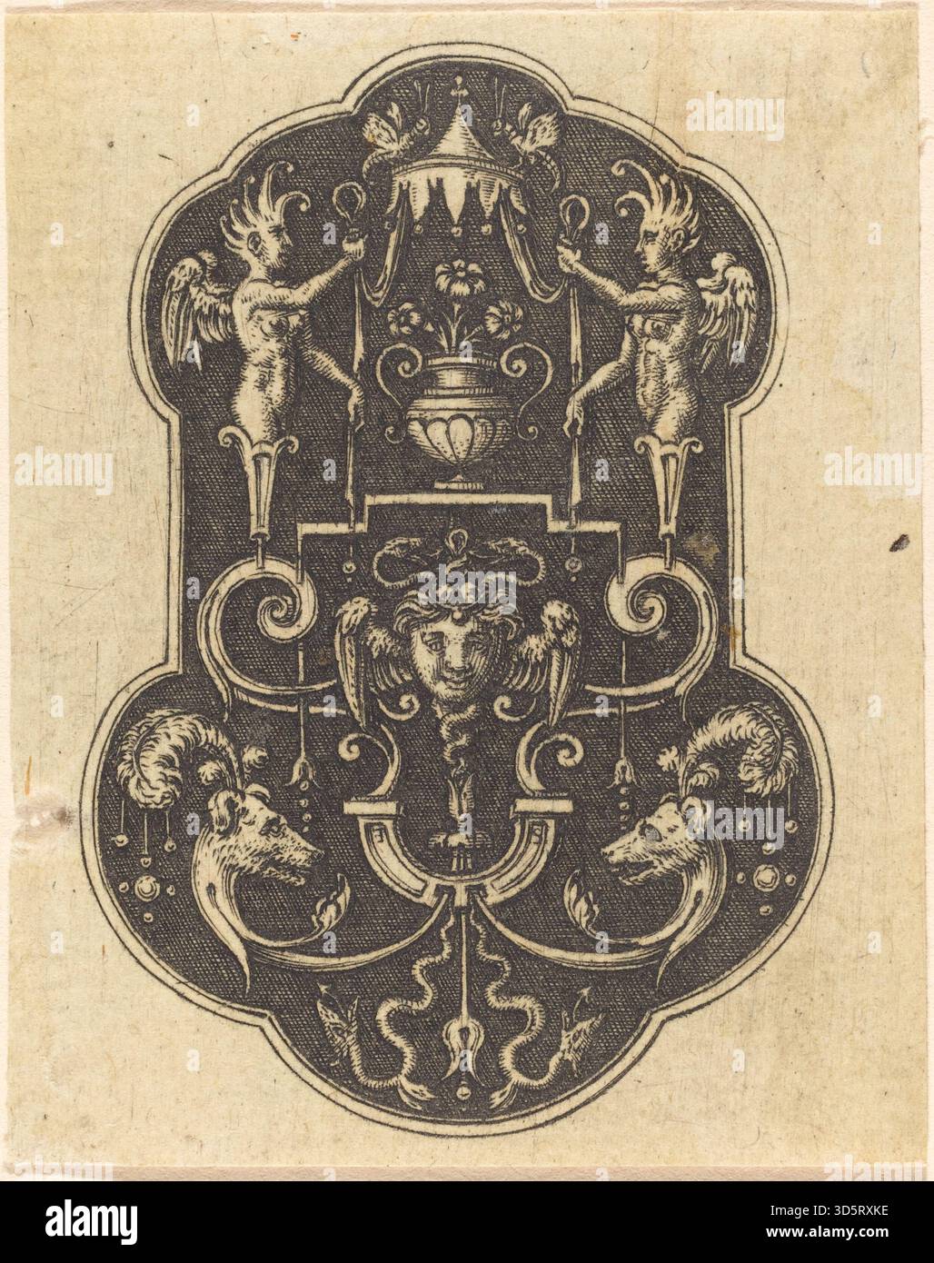 Etienne Delaunes Gravur „Kopf der Medusa“ zeigt den mythologischen Gorgon mit detaillierten Schlangen, Gesichtsausdruck und dramatischer Komposition, die die Präzision der Gravur aus dem 16. Jahrhundert und den klassischen Einfluss zeigt. Stockfoto