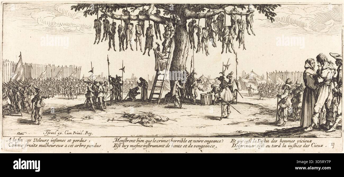 Eine Gravur von Jacques Callot aus dem Jahr 1633, die eine hängende Szene darstellt. Der Druck zeigt Figuren, Haltung, Nacken, Hinrichtungsort und Umgebung, beispielhaft für italienische Erzählstiche aus dem frühen 17. Jahrhundert. Stockfoto