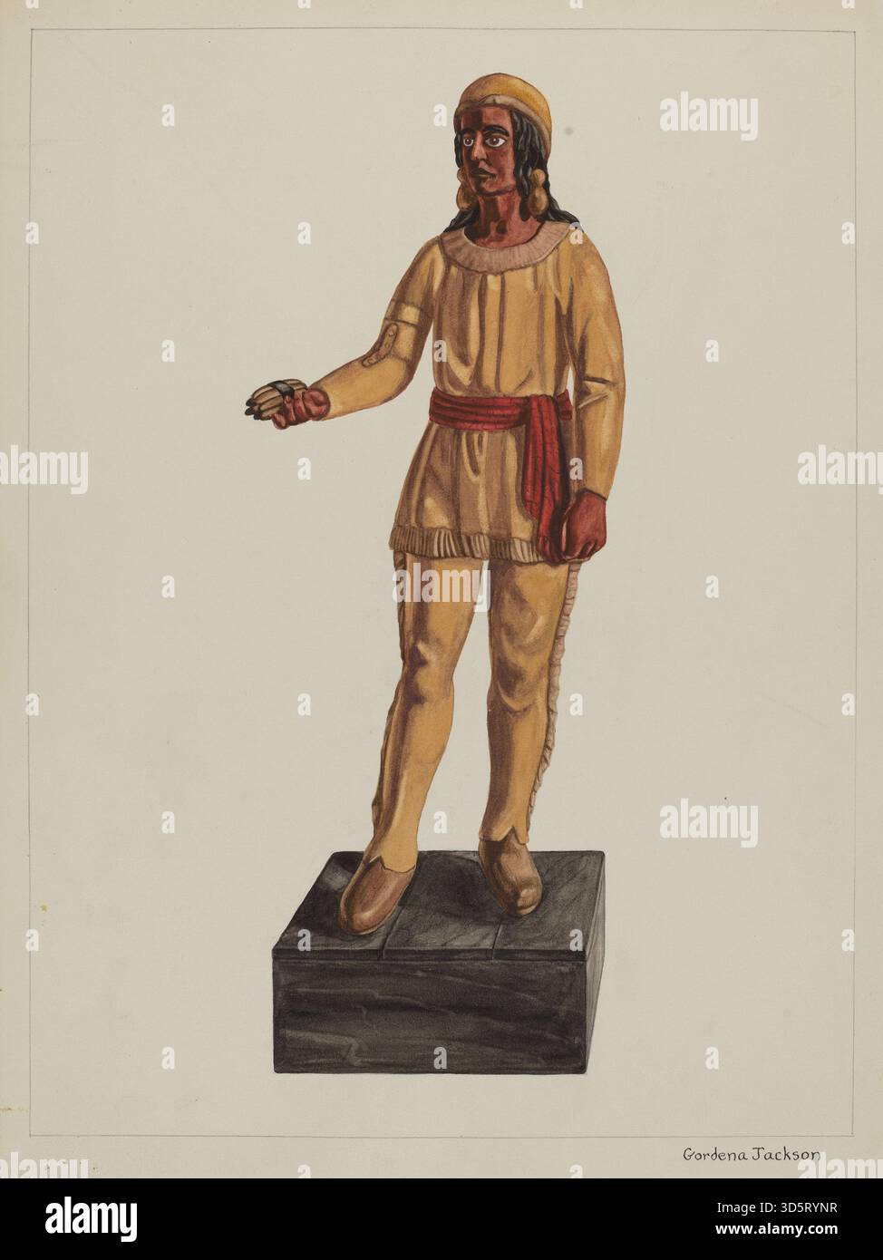 Dieser Cigar Store Indian von Gordena Jackson aus dem Jahr 1937 zeigt eine geschnitzte Figur, die für Tabakwerbung verwendet wird, mit detaillierten Holzarbeiten, bemalter Oberfläche und kultureller Darstellung. Stockfoto