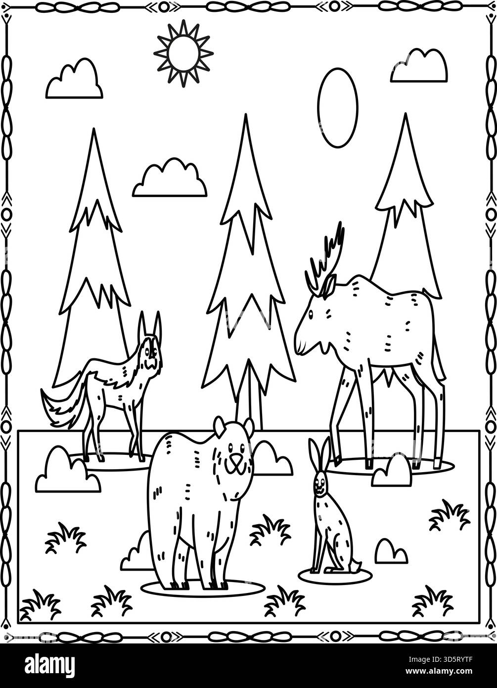 Niedliche Ausmalseite Für Waldtiere Für Kinder Und Erwachsene. Bär, Hirsch, Fuchs Und Kaninchen. Stock Vektor