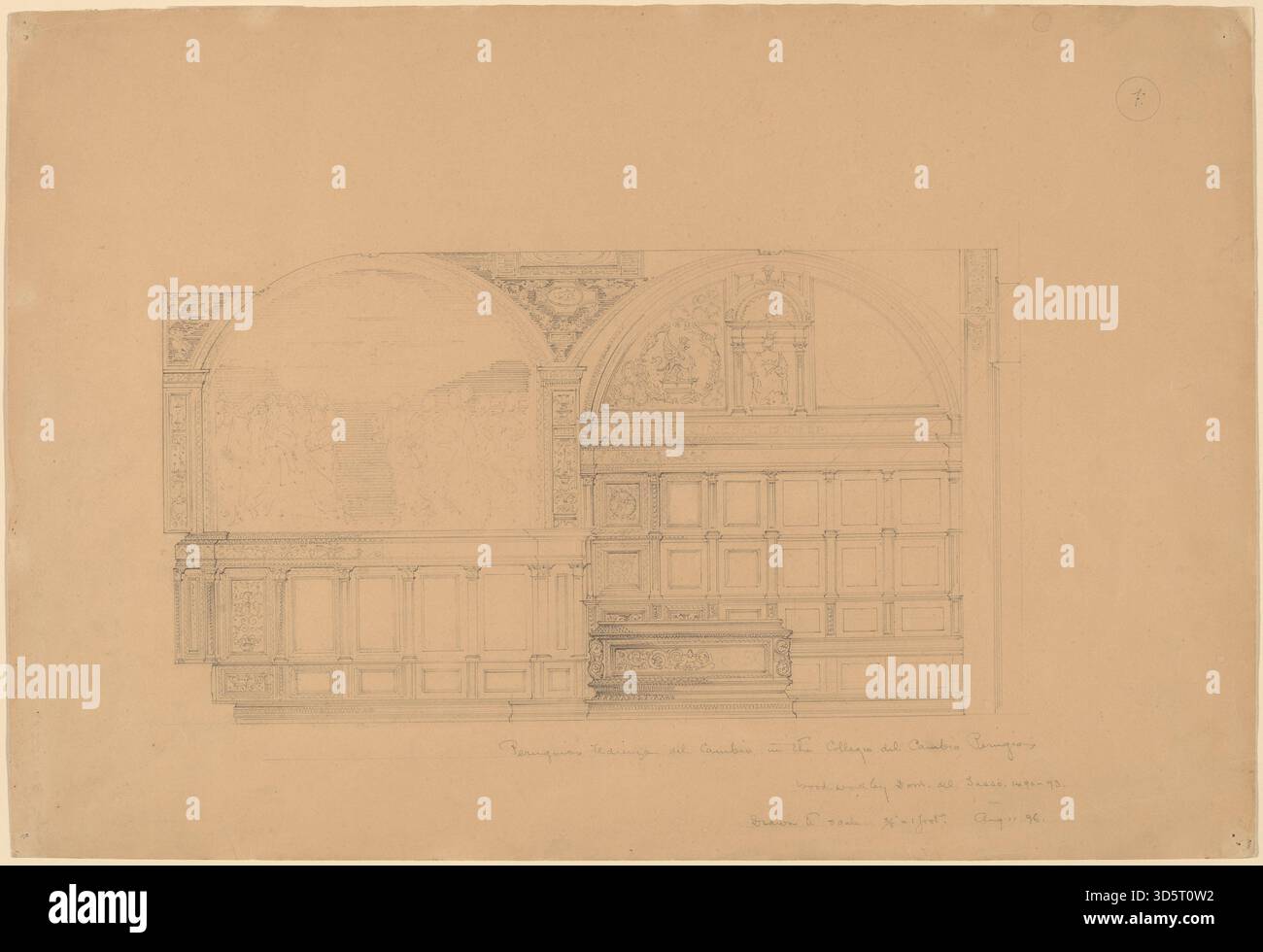 John Russell Pope's Studie von Peruginos 'Udienza del Cambio' im Collegio del Cambio in Perugia aus dem Jahr 1896 konzentriert sich auf Freskenkomposition, Perspektive, Figurenanordnung, Ikonographie, architektonische Elemente, und dekorative Gemälde in diesem Renaissance-Bürgersaal. Stockfoto