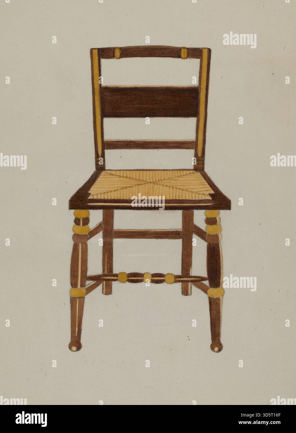 Dieser Stuhl, der zwischen 1935 und 1942 von Genevieve Sherlock geschaffen wurde, betont Holzkonstruktion, Rückenlehne, Sitz, geschwungene Elemente, und Handwerkskunst. Das Stück spiegelt amerikanische Designprinzipien der Mitte des 20. Jahrhunderts und funktionelle Möbelästhetik wider. Stockfoto