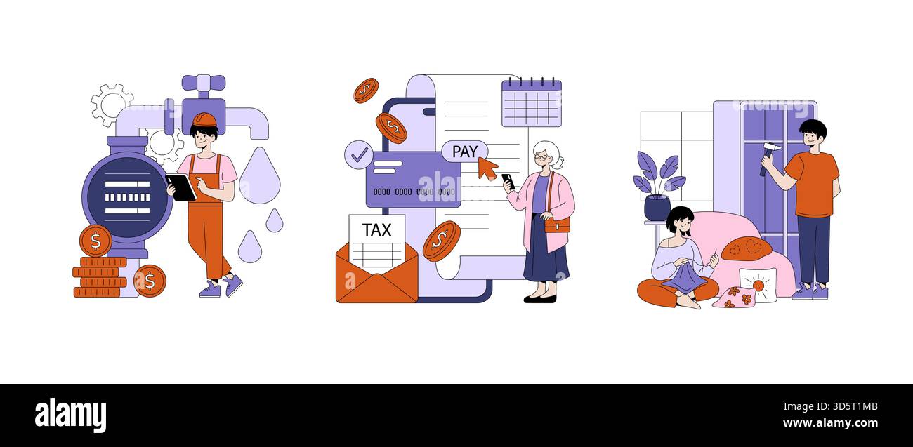 Vektor-Illustration, die drei tägliche Szenarien zeigt: Ein Arbeiter, der Maschinen wartet, eine Person, die eine digitale Zahlung tätigt, und ein Paar, das sich um Hausverbesserung und Entspannung kümmert. Stock Vektor
