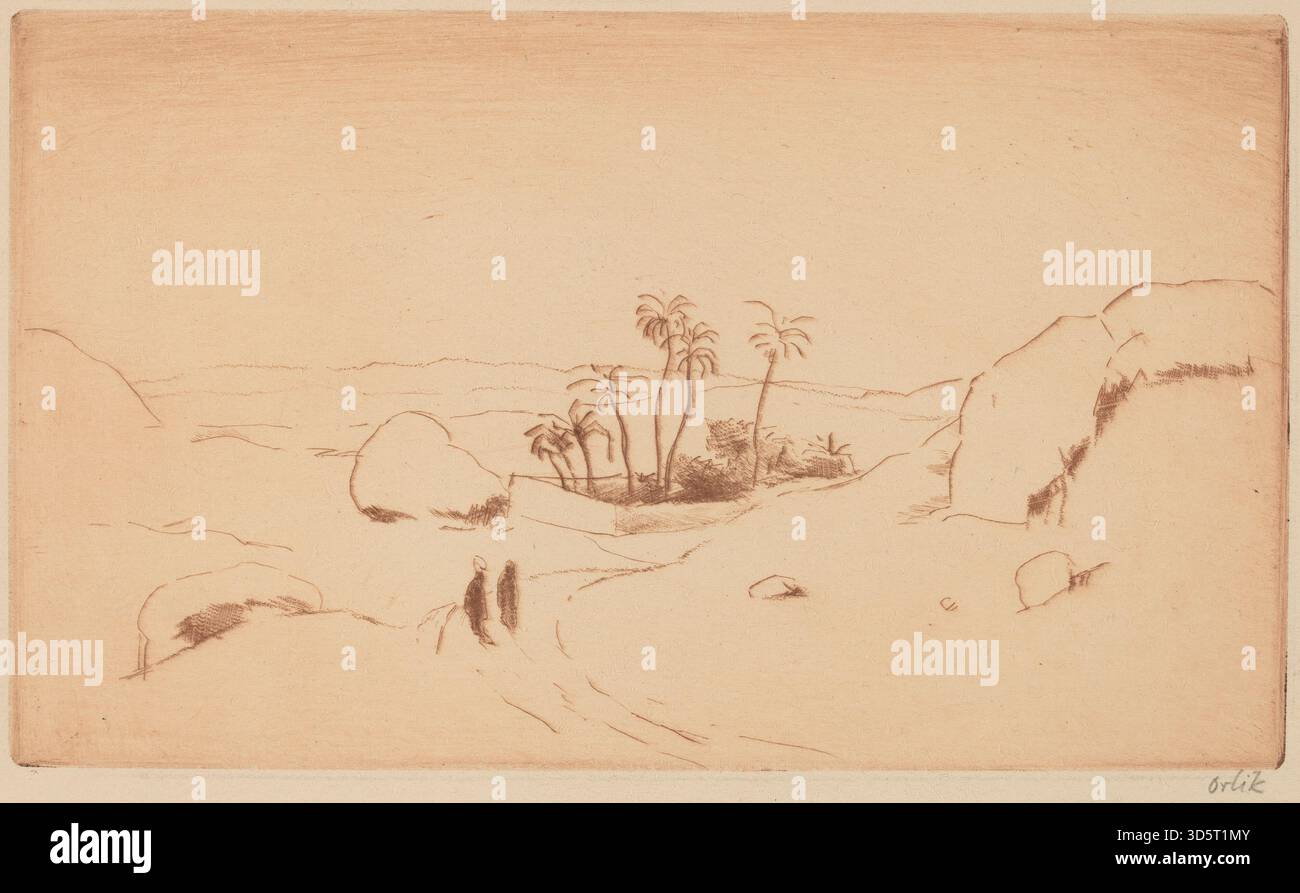 Landschaft von Emil Orlik, um 1913, Darstellung einer Oase in der Wüste, mit Wasser, Vegetation, Sand, Palmen, und naturalistische Komposition, die die Umwelt und geographische Merkmale betont. Stockfoto