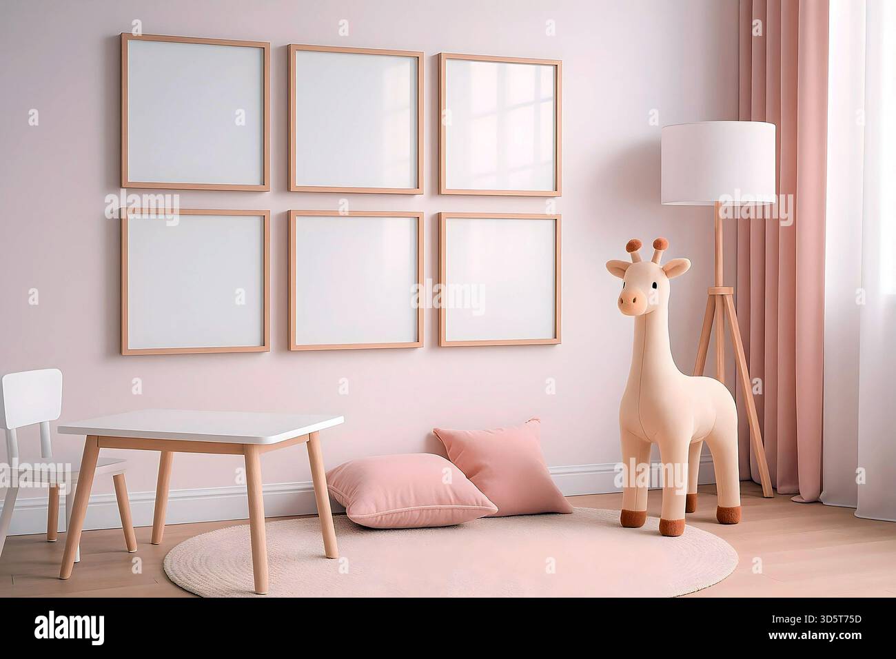 Kinderzimmer mit minimalistischem Interieur mit leeren Rahmen und neutraler Einrichtung Stockfoto