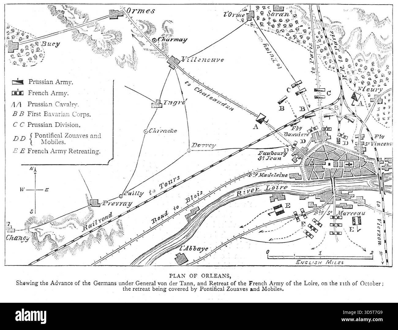 Plan von Orléans, der den Vormarsch der Deutschen und den Rückzug der Franzosen zeigt. Die Aufgabe von Orléans am 11. Oktober 1870 während des Deutsch-Französischen Krieges. Stockfoto