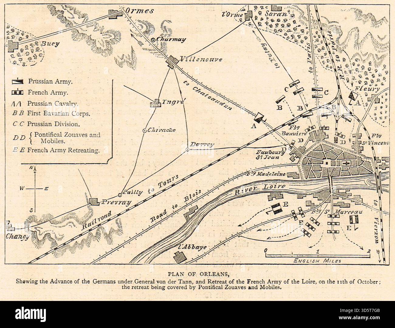 Plan von Orléans, der den Vormarsch der Deutschen und den Rückzug der Franzosen zeigt. Die Aufgabe von Orléans am 11. Oktober 1870 während des Deutsch-Französischen Krieges. Stockfoto