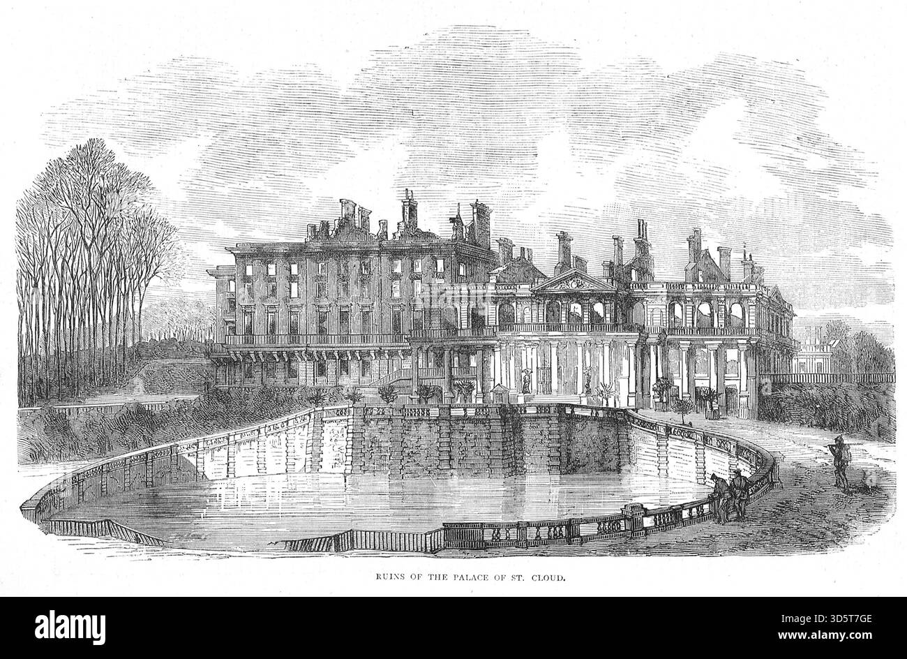 Ruinen des Palastes von St. Cloud während des Deutsch-Französischen Krieges. Durch Gegenfeuer der Franzosen während der deutschen Bombardierung von Paris getroffen, geriet es in Brand und brannte am 13. Oktober 1870 aus Stockfoto