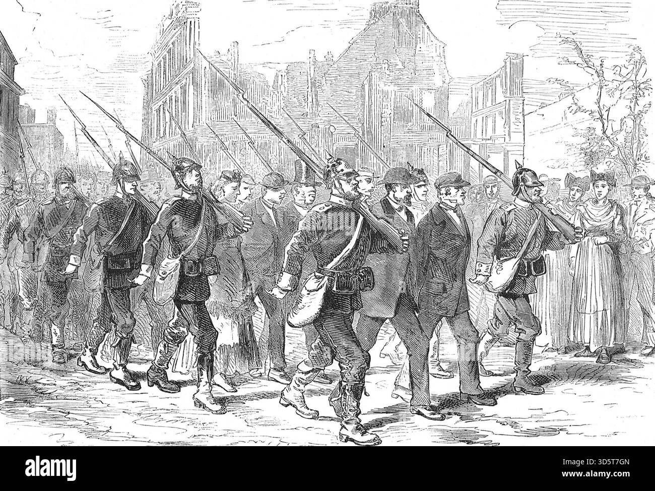 Ein Gefangenenkonvoi während des Deutsch-Französischen Krieges. Deutsche Soldaten eskortieren gefangengenommene Franzosen Stockfoto