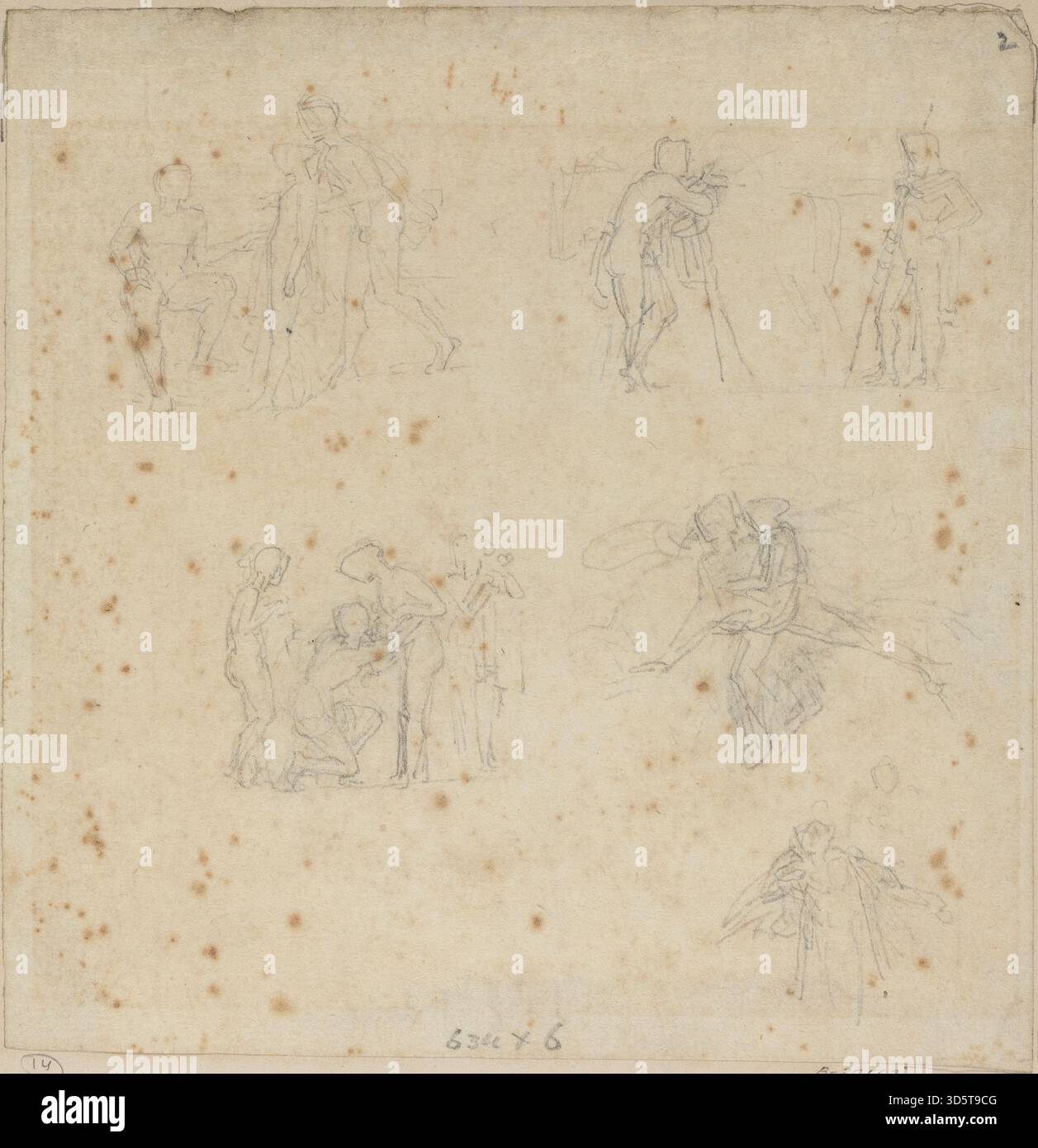 Eine Reihe von Figurenstudien von John Flaxman zeigt individuelle menschliche Formen in verschiedenen Posen, die mit präzisen Umrissen und minimalen Schattierungen auf Papier ausgeführt werden, was seine neoklassische Haltung zur menschlichen Anatomie und Geste widerspiegelt. Stockfoto