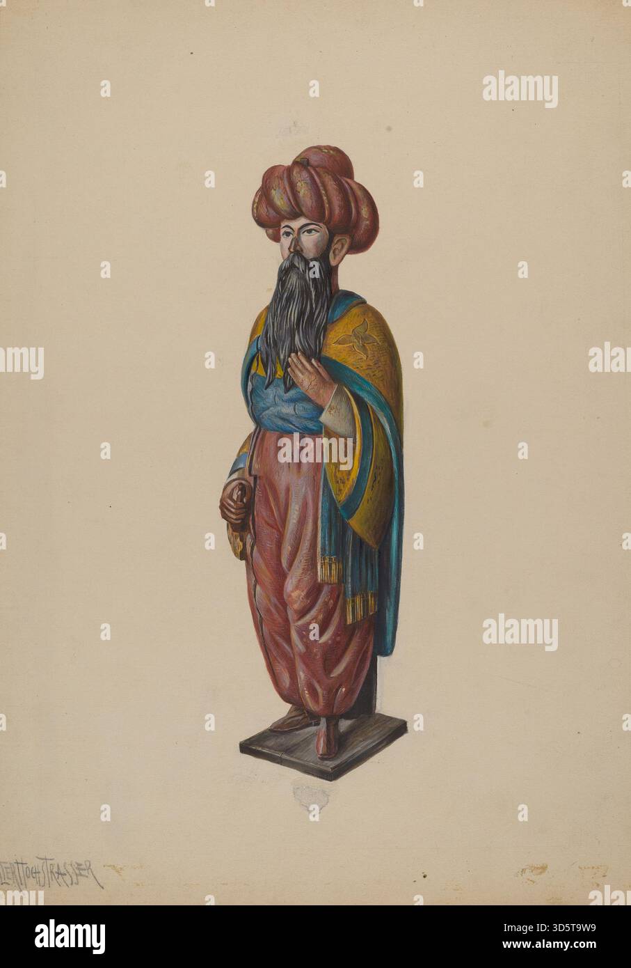 Ein Cigar Store Turk, der um 1936 von Walter Hochstrasser geschnitzt wurde und eine Figur darstellt, die traditionell als Werbefigur eines Tabakwarenhändlers verwendet wird und typischerweise einen Ureinwohner mit Zigarren darstellt. Stockfoto