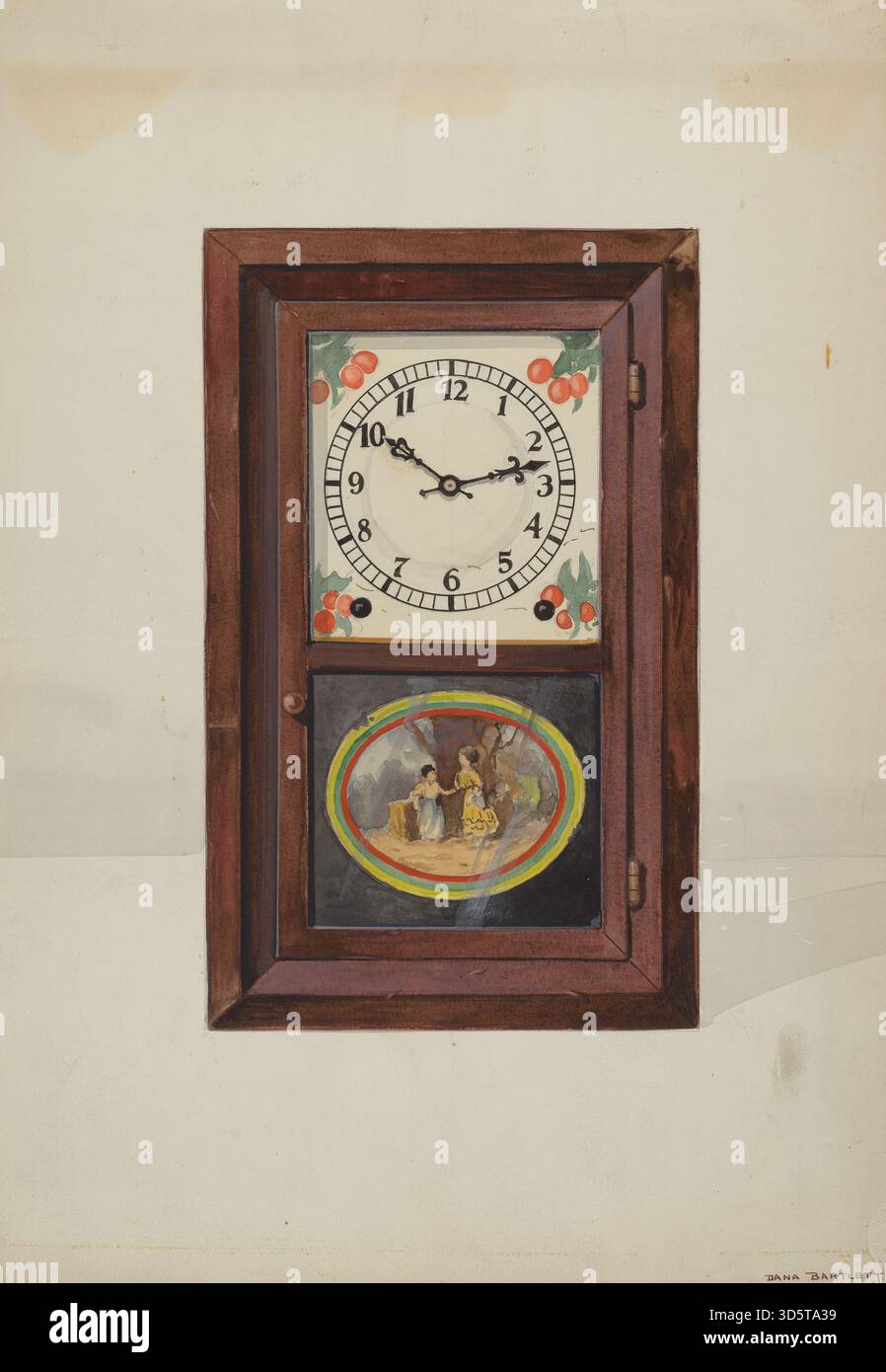 Diese Uhr, die von Dana Bartlett um 1937 entworfen wurde und von Seth Thomas hergestellt wurde, zeigt einen funktionalen Zeitmesser mit Metall- und/oder Holzgehäuse, dekorativem Design und handwerklichem Können von Uhren aus dem frühen 20. Jahrhundert. Stockfoto