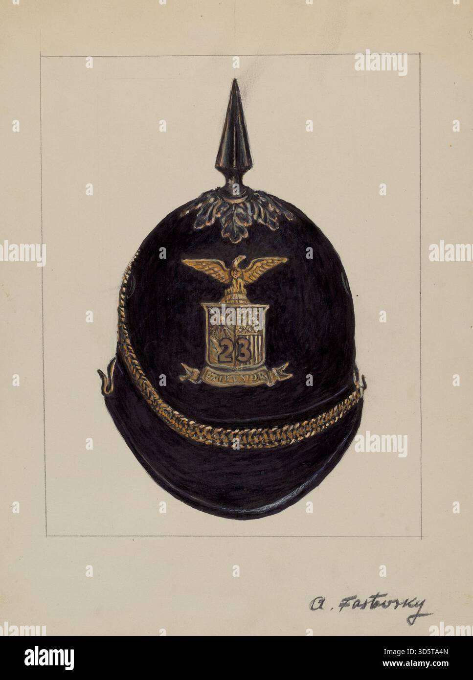 Aaron Fastovskys Ganzkörperhelm 1936 ist ein militärischer Zeremonienhelm mit starrer Struktur, Visier und dekorativen Elementen. Es wurde für formelle Anlässe entworfen und entspricht den Standards der Militäruniform der Mitte der 1930er Jahre. Stockfoto