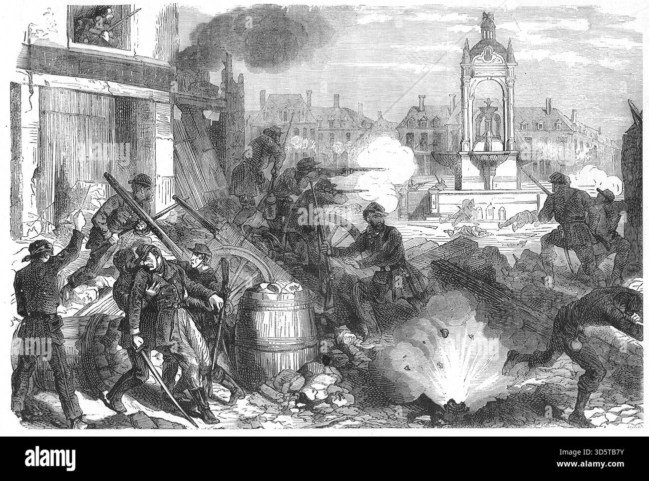 Straßenkämpfe bei Châteaudun, die Schlacht bei Châteaudun am 18. Oktober 1870, während des Deutsch-Französischen Krieges. Stockfoto