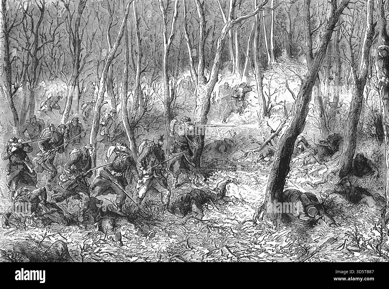 Ein Skirmish im Wald außerhalb von Paris während der Belagerung von Paris, im Deutsch-Französischen Krieg. Stockfoto
