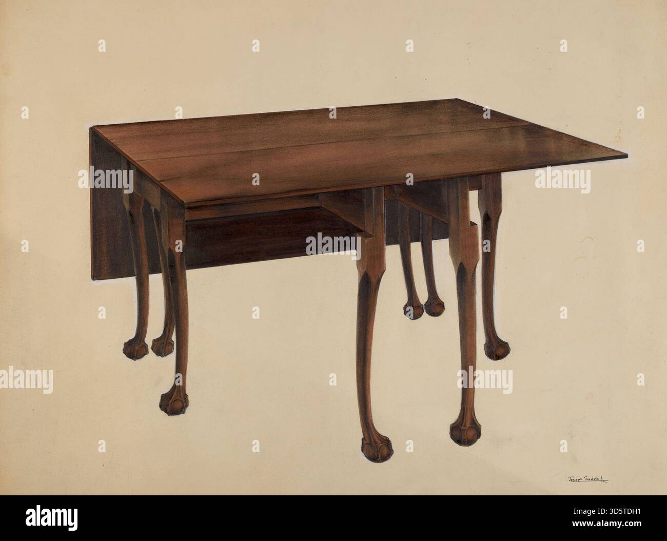 Der Gate-Legged Table with Ball & Claw feet von Joseph Sudek, um 1938, ist ein Holztisch mit Klappbeinen und ornamentalen Ball-and-Claw-Füßen, der Möbeldesign und Handwerkskunst der 1930er Jahre veranschaulicht. Stockfoto