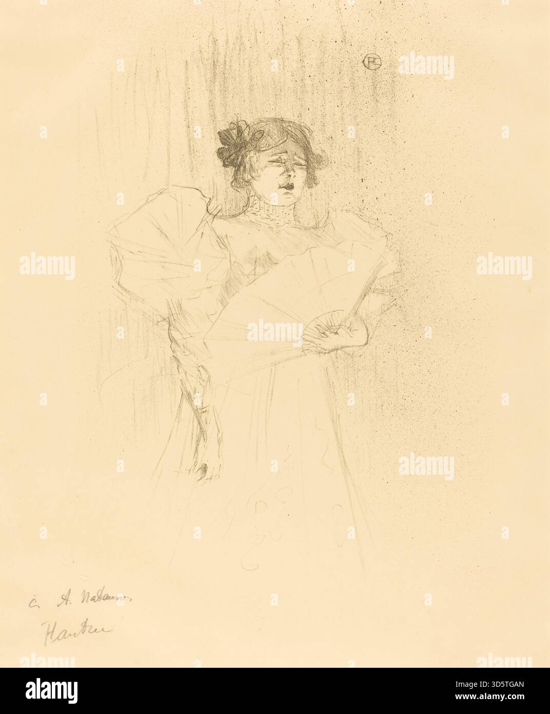 Diese Lithografie von Henri de Toulouse-Lautrec aus dem Jahr 1895 zeigt Luce Myres im vollen Gesicht und zeigt detaillierte Gesichtszüge, Frisuren und Kleidung. Das Werk spiegelt Lautrecs Porträtstil, die Pariser künstlerische Kultur und die Grafiktechniken des späten 19. Jahrhunderts wider. Stockfoto