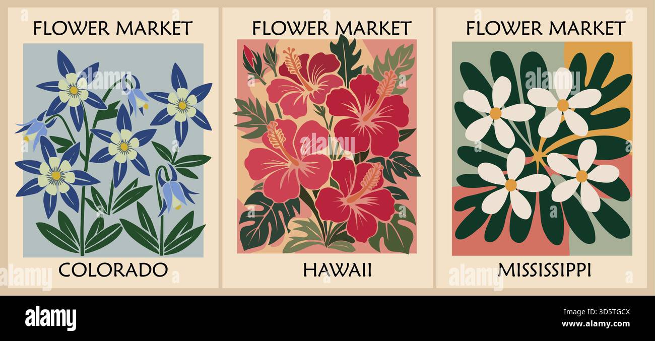 Blumenmarkt-Poster mit Blumen aus dem US-Bundesstaat Stock Vektor