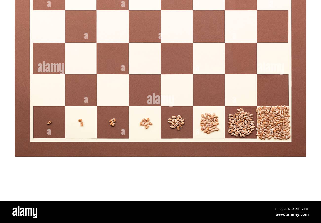 Weizen- und Schachbrettproblem. Die Kraft des exponentiellen Wachstums durch Verdoppelung, dargestellt auf den ersten acht Feldern. Stockfoto