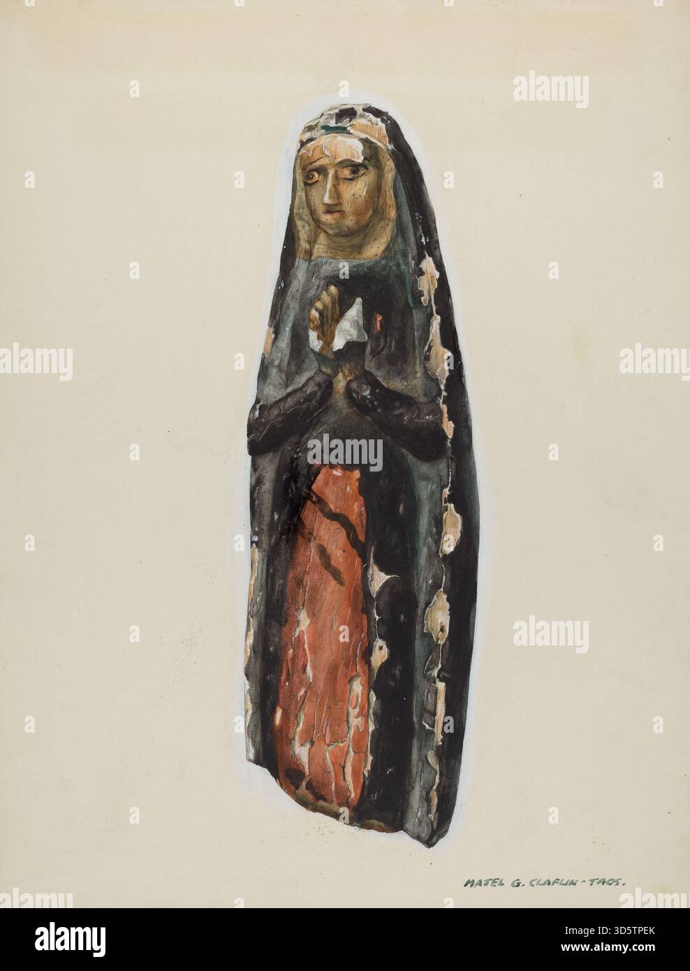 Ein Bulto von Majel G. Claflin um 1939, das die Jungfrau Maria darstellt, in Holz geschnitzt und bemalt. Das Stück betont religiösen Symbolismus, menschliche Form, Geste und hingebungsvollen Ausdruck. Stockfoto