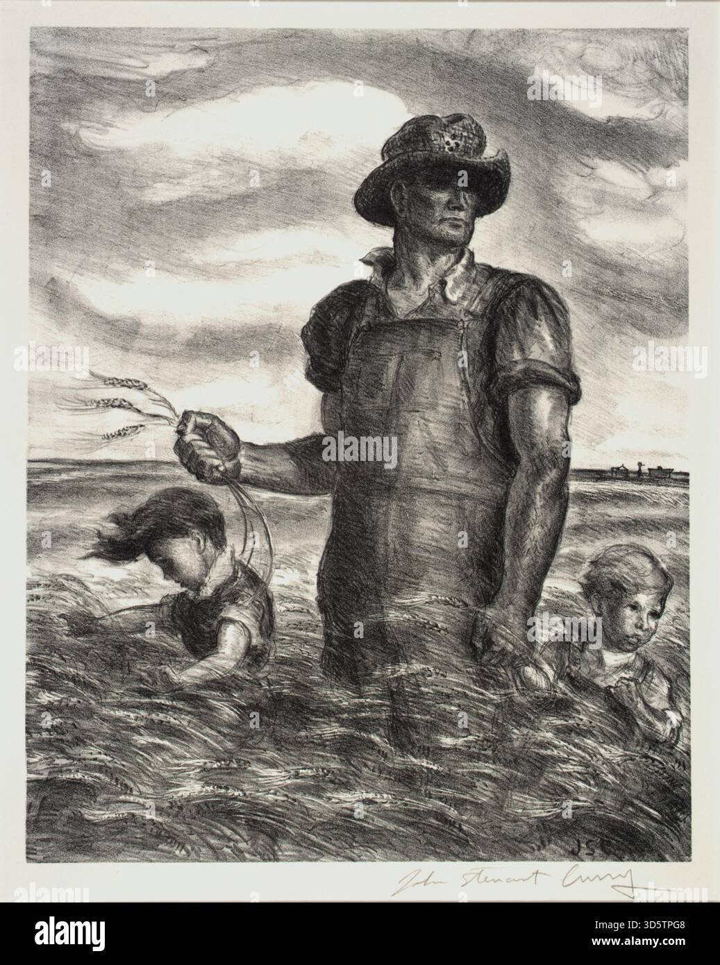 Historische Illustrationen mit dem Titel Our Good Earth, die einen amerikanischen Bauern zeigen, der mit zwei Kindern in einem Weizenfeld steht, geschaffen von John Steuart Curry im Jahr 1942. Stockfoto