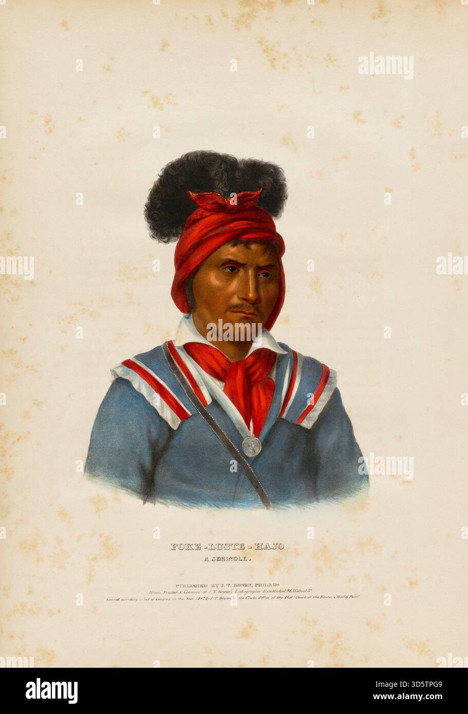 Foke-luste-hajo, eine Seminole, dargestellt in einer handkolorierten Lithographie von John T. Bowen, die wahrscheinlich Mitte des 19. Jahrhunderts produziert wurde. Stockfoto