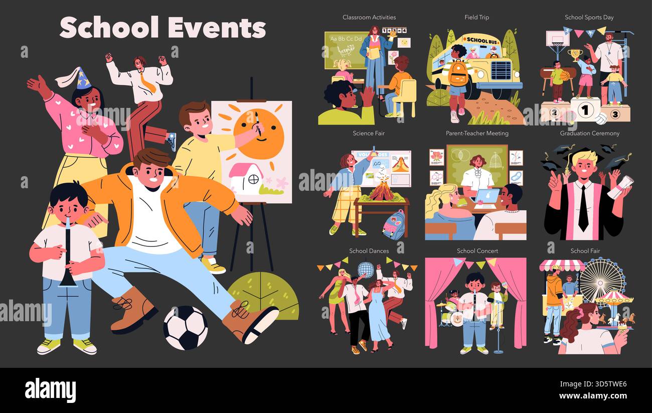Farbenfrohe Vektorillustration, die verschiedene Schulveranstaltungen und -Aktivitäten zeigt, einschließlich Sport, Wissenschaftsmessen und Konzerte. Begeisterte Kinder und Lehrer, die an lebhaften Schulveranstaltungen teilnehmen. Stock Vektor