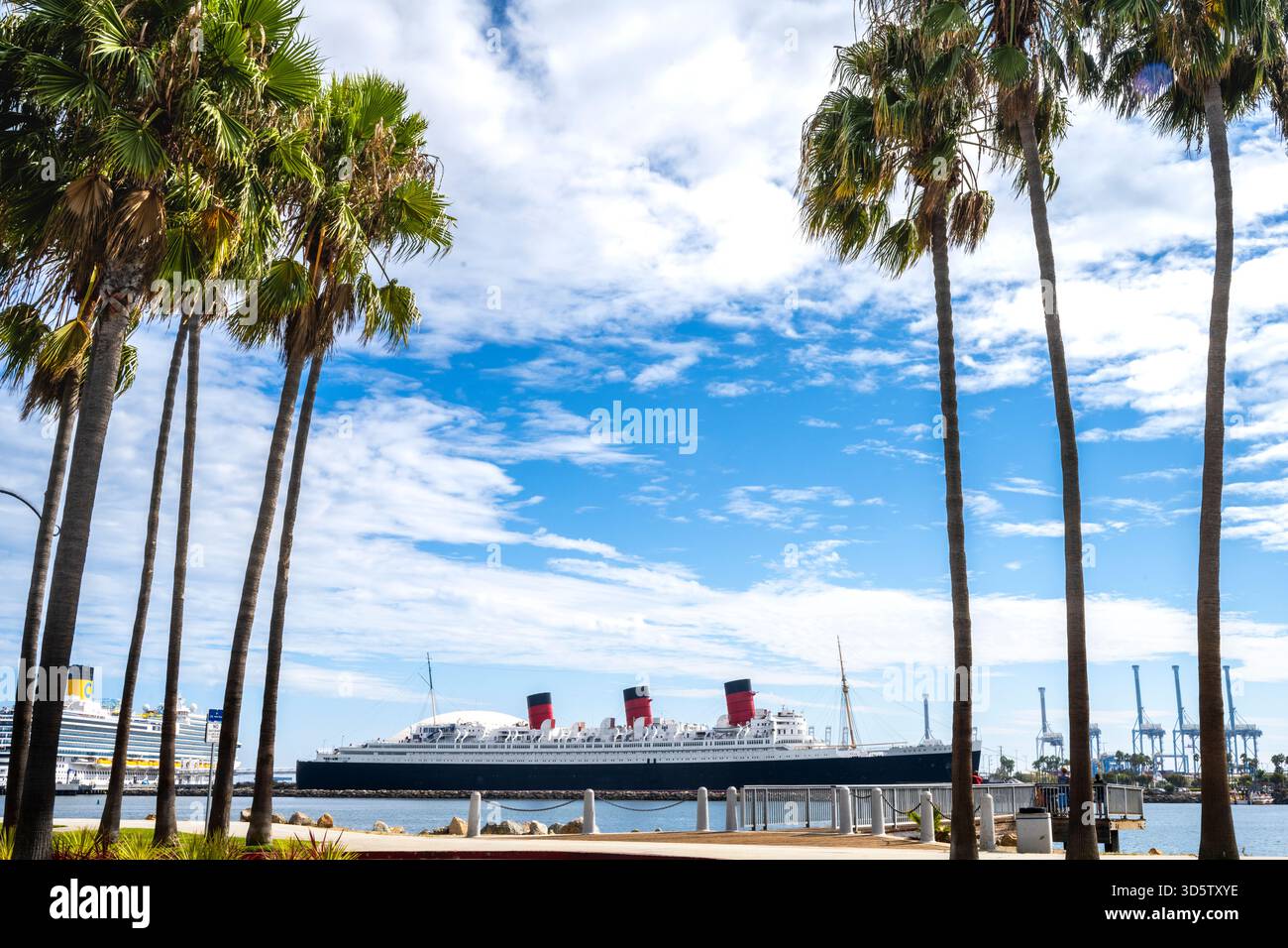 RMS, Queen Mary, Liegeplatz, langer Strand, Los Angeles eingerahmt zwischen Palmen, USA, Stockfoto