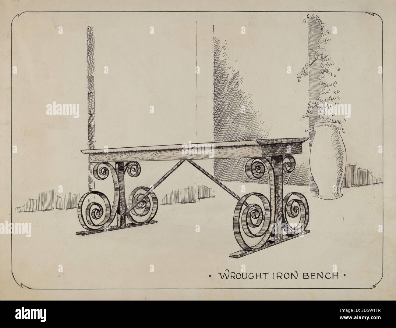 Die Schmiedeeisen Gartenbank von Al Curry, um 1936, ist eine Sitzstruktur im Freien aus Metall mit dekorativen geschwungenen Elementen, Nieten und Lattenflächen. Es spiegelt amerikanische Metallarbeiten des frühen 20. Jahrhunderts und funktionelle Gartenmöbel wider. Stockfoto